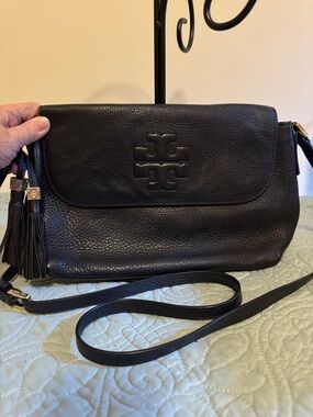 Tory Burch Black Pebbled Leather Crossbody with Tassel